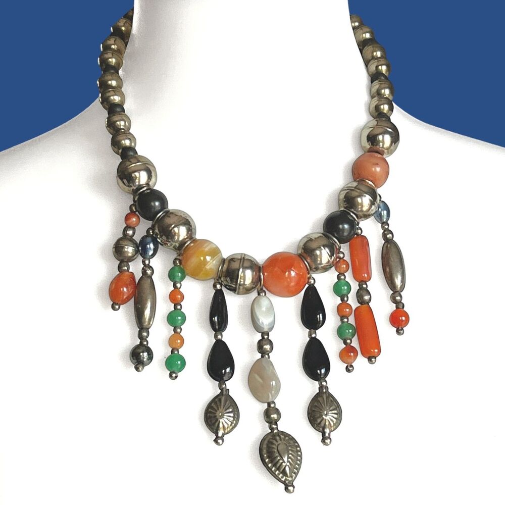 Handmade Semi Precious Gemstone Necklace Chunky Dangle Fringe Ethnic Boho Tribal